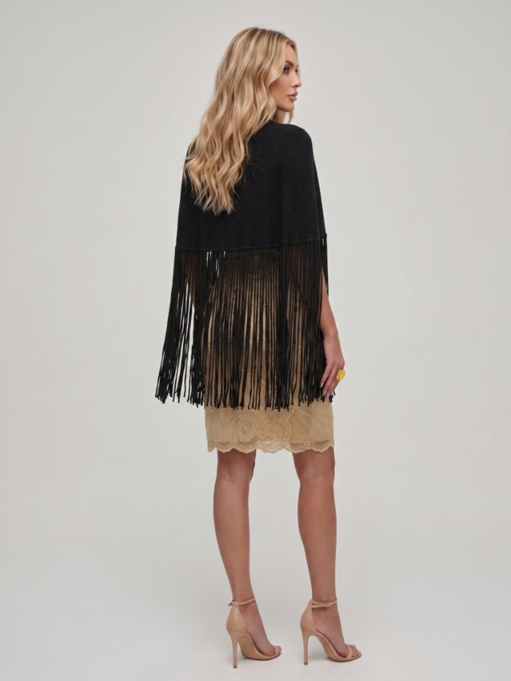 Women's Black Knit Fringe Poncho Cape Top Crew Neck Asymmetric Tassel Sweater - Picture 2 of 4